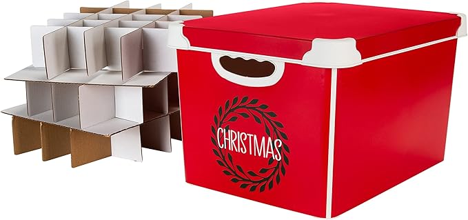 Simplify Christmas Wreath Design Holiday Tote Bin Ornament Storage | Dimensions: 15.4"x 11.4"x 9.25" | Holds 60 Ornaments | Red | Removable Lid | Easy Carry Handles |