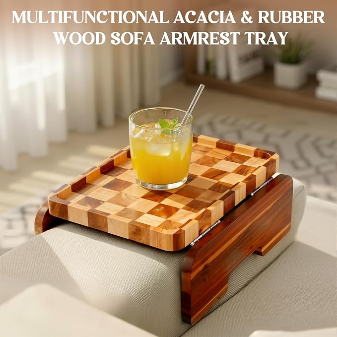 Kathfly Acacia Wood Checkered Sofa Armrest Tray, 13.75" x 9.5" Double Hinge Couch Arm Table, Clip on Sofa Arm Tray, Wooden Side Table for Food Snack Remotes Living Room Decor Mother's Day