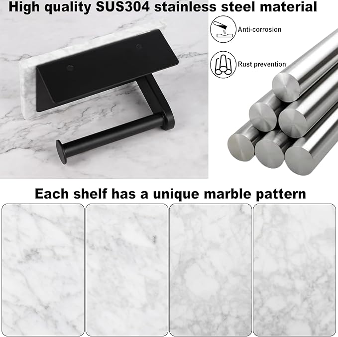 Toilet Paper Holder with Natural Marble Shelf for Bathroom Washroom,Wall Mounted Tissue Holder Suitable for Mega Roll (Small 6.7 * 4.3 in Matte Black)
