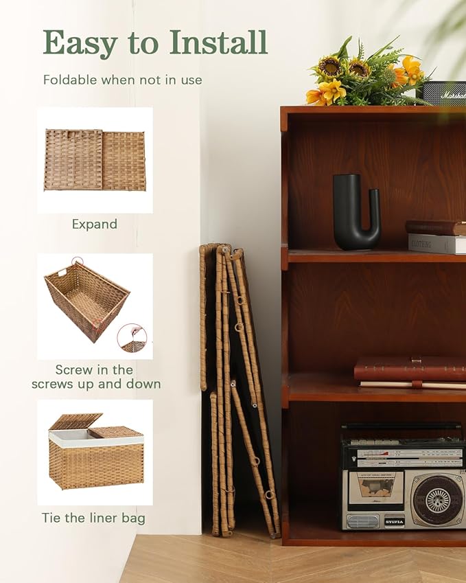 SETVSON Storage Basket with Lid Rattan Woven Storage Baskets with 2 Separate Lids, 17.2 Gallon (65 L), 22 x 13 x 13.8 Inches,Foldable, 2 Removable Liner Bags Handles for Bedroom, Laundry Room Natural