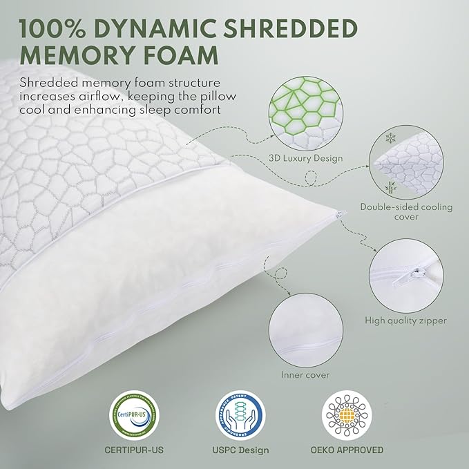 Pillows Queen Size Set of 2 - Cooling Shredded Memory Foam Pillow for Sleeping 2 Pack, Adjustable Cool Bed Pillows for Side, Back, and Stomach Sleepers, Gel Pillow Washable Removable Cover