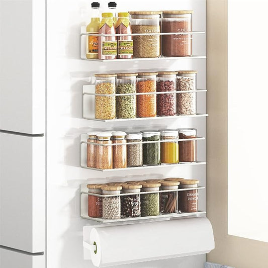Magnetic Spice Rack For Refrigerator, Space Saving Magnetic Shelf For Fridge White 4 Pack With Magnetic Paper Towel Holder