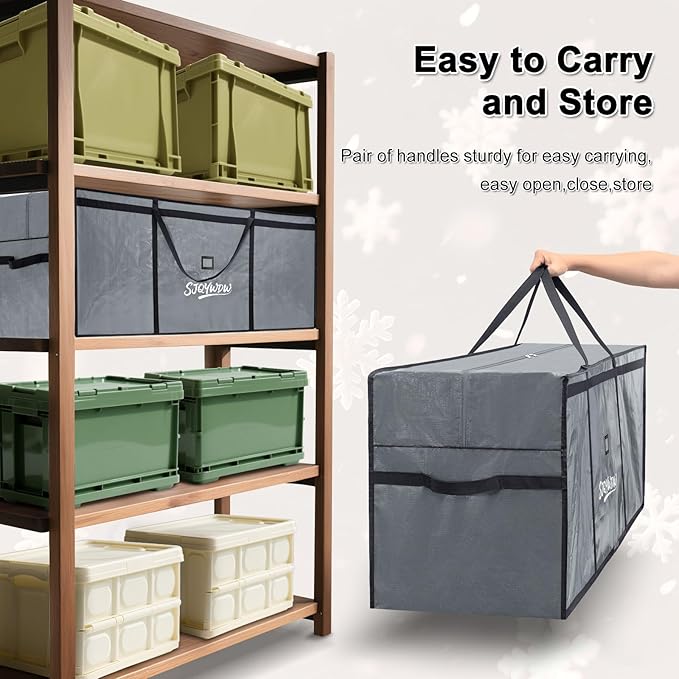 Christmas Tree Storage Bag 9ft, Heavy Duty Artificial Xmas Bag with Reinforced Handles, Dual Zippers Wide Opening, Two Mesh Pockets, PE Large Storage Container for Decorations Trees (Grey)
