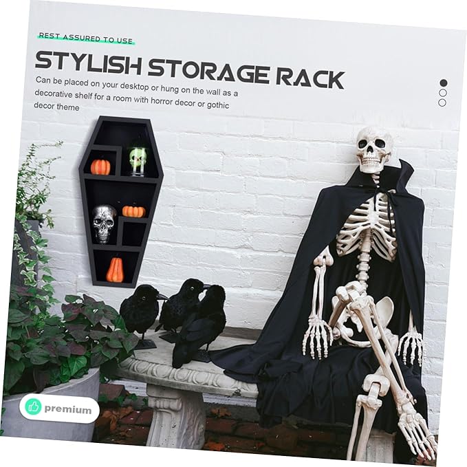 NOLITOY Desktop Organizer Coffin Shaped Storage Rack for Gothic Decor Halloween Display Shelf for Candles Books and Figurines Unique Storage for Spooky Collections