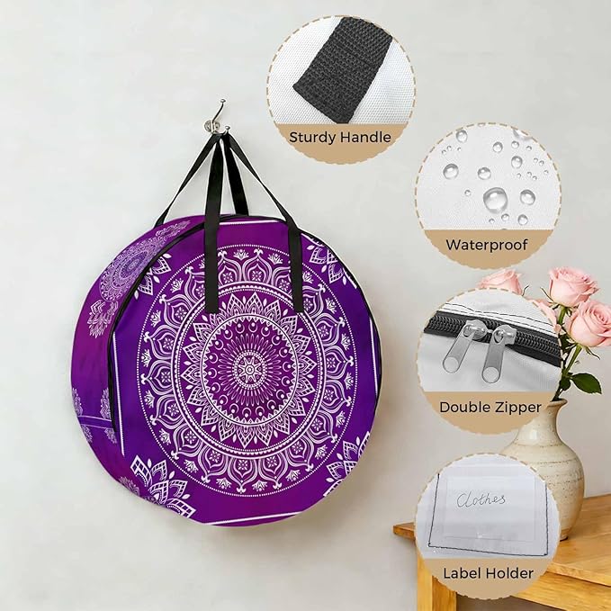Storage Bag Purple Boho Round Storage Totes Bins Closet Organizers with Zippers & Handle Gorgeous Bohemian Flower Clothes Storage Container for Bedroom Dorm Space Saving Packing Supplies Moving Bags