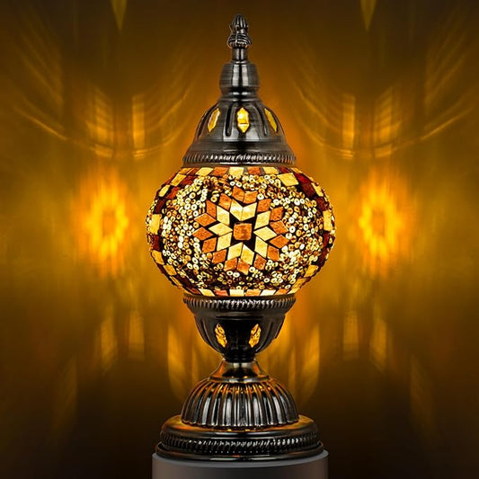 Marrakech Turkish Table Lamp with Bronze Base，Handmade Yellow Moroccan Tiffany Style Mosaic Glass Night Stand Light Fixture Including LED Bulb for Living Room Bedroom Decor (Yellow)