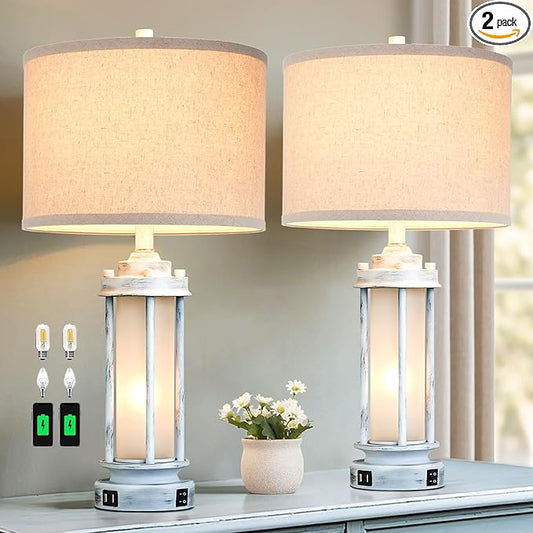 AIEAMPDO 25" Rustic Table Lamps Set of 2, Vintage Nightstand Lamps with 2 USB Ports, Farmhouse Antique White Desk Lamp with Glass Night Light for Living Room Bedroom Dorms, 4 Bulbs Included