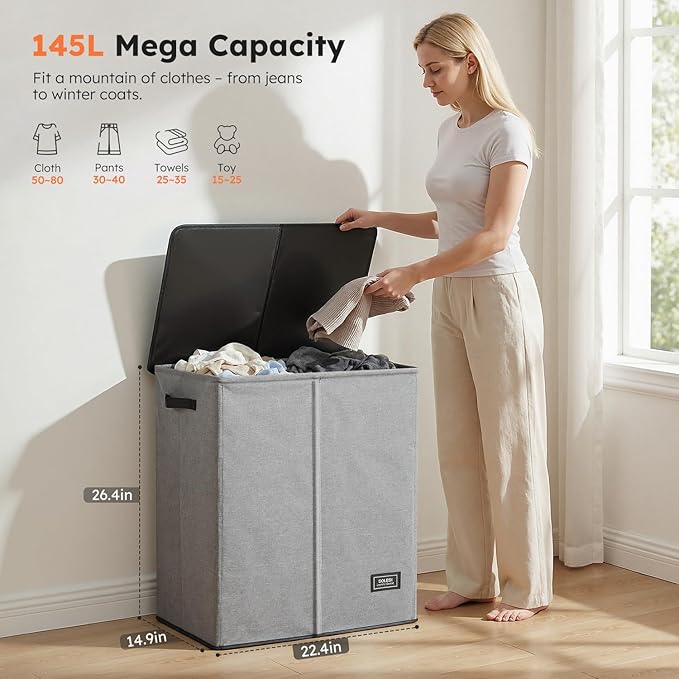 SOLEDI Double Laundry Hamper with Lid and Removable bag, Large Laundry Basket 2 Section with handles, Collapsible Dirty Clothes Hampers for Laundry, Bedroom, Dorm, College