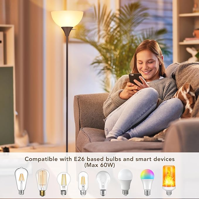 Coucrek Floor Lamp, LED Standing Lamps with White Plastic Shade, Corner Floor Lights for Living Room Bedroom, Rotary Switch, Bulb not Included, Brown
