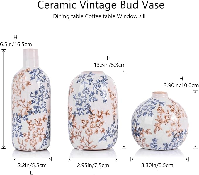 Cute Vase Matte Ceramic vases Set of 3 Blue, Modern Boho Vases for Decor Small vase,Centerpiece Table Decor japandi Home Decor Minimalist vase for Décor Room,Entryway, Bookshelf, Mantel, Shelf Décor