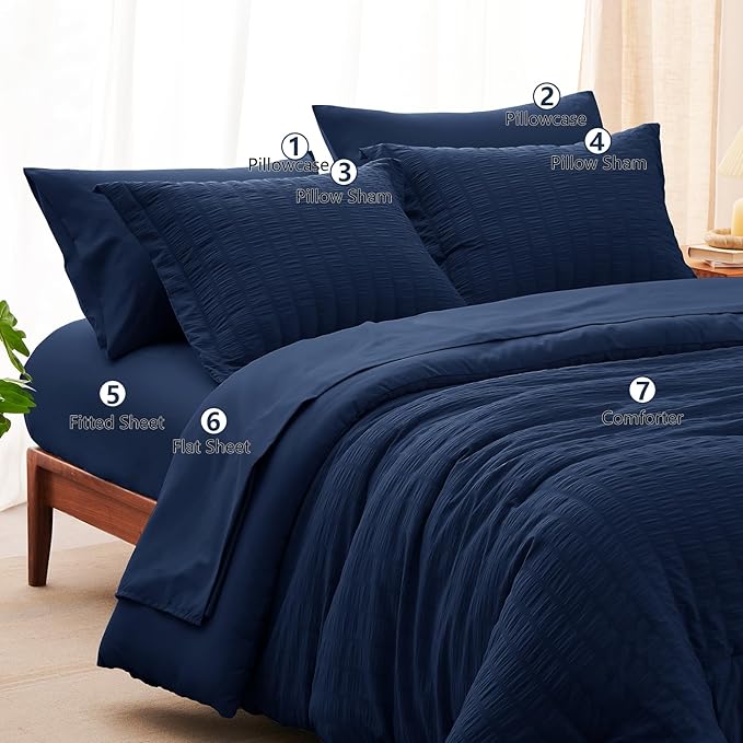 CozyLux King Size Comforter Set Navy Blue Seersucker 7 Pieces Bed in a Bag King Comforter Set with Sheets, Luxury Soft Bedding Sets with Down Alternative Comforter, Sheets, Pillowcases & Shams