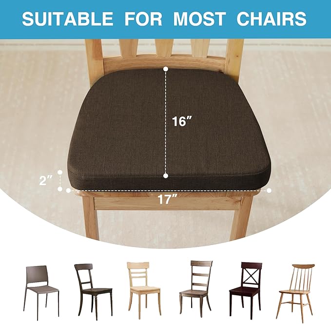 IASEAHK Chair Cushions for Dining Chairs Set of 6, Non Slip Kitchen Chair Pads, 17" x 16" x 2", Indoor Dining Chair Cushions with Ties, D-Shaped Seat Cushions for Kitchen Chairs, Brown