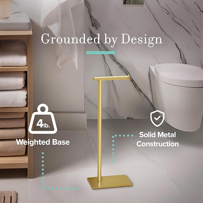 Gatco 1431B, Modern Rectangle Base Freestanding Toilet Paper Holder, 22.25”, Brushed Brass/Free Standing Toilet Tissue Holder Stand with Weighted Base