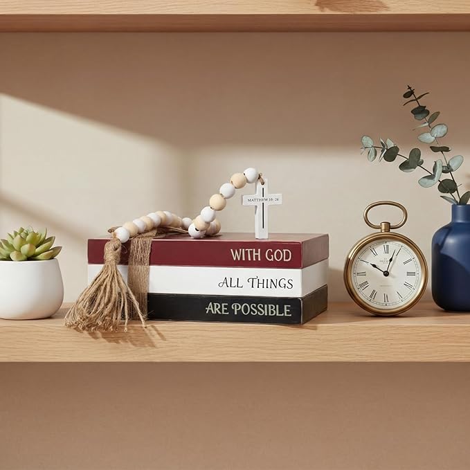 Tatuo 4 Pcs Wooden Farmhouse Decorative Books for Home Decor Coffee Table Faux Books for Decoration White Fake Decorative Stacked Display Set with Beads Garland Shelf Living Room Decor (Christian)