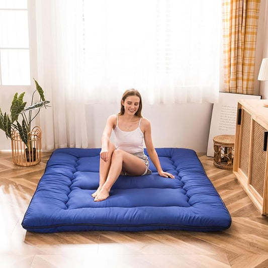 MAXYOYO Japanese Floor Mattress Futon Mattress, Thicken Sleeping Pad Foldable Roll Up Floor Futon for Adults Tatami Mat Dormitory Couch, Royal Blue, Queen Size