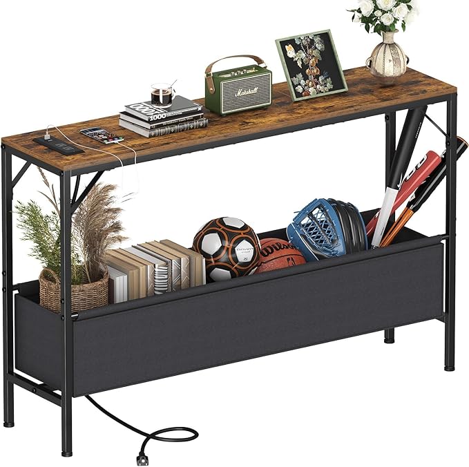 Asgolion Narrow Console Table, 47.2" Long Entryway Table with Storage & Power Outlets, Hallway Table, Mordern Industrial Sofa Tables for Living Room, Bedroom, Foyer, Office, Anti-tip Kit, Rustic Brown