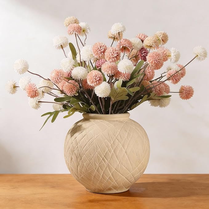 Carved Rustic Farmhouse Vase Home Decor - 6 in Ceramic Boho Decorative Vase for Decor, Round Clay Beige Terracotta Bowl vase for Living Room, Table, Shelf, Centerpieces