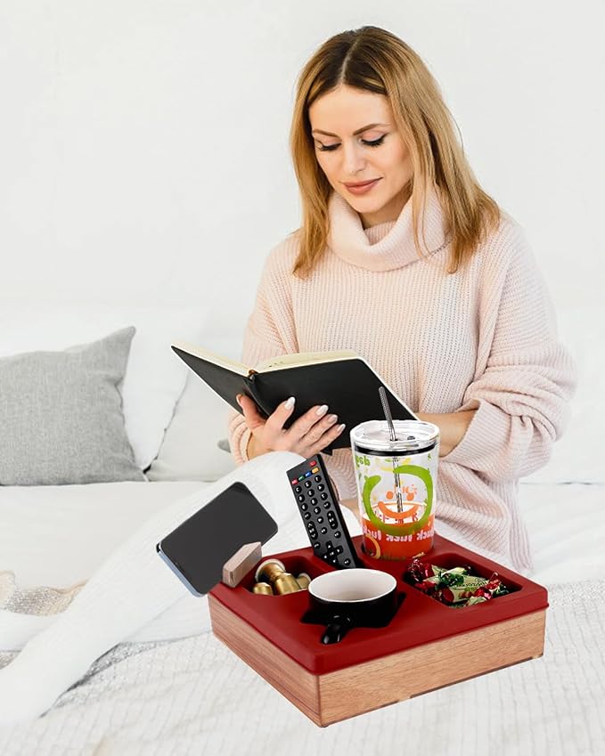 Couch Cup Holder Tray, Silicone Wooden Couch Caddy with Cup Holder for Snacks, Drinks, Remotes, Waterproof Cup Holder for Couch, Organizer, Couch Drink Holder, Easter Gifts (red)