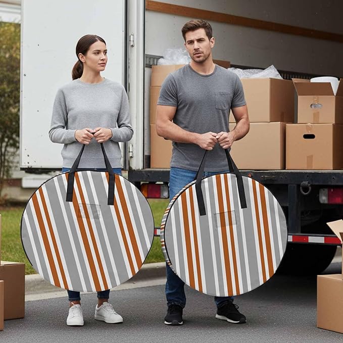 Storage Bag Orange Stripes Round Storage Totes Bins Closet Organizers with Zippers & Handle Grey Striped Lines Clothes Storage Container for Bedroom Dorm Space Saving Packing Supplies Moving Bags