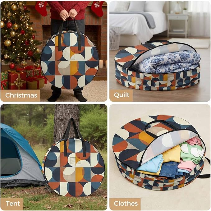 Storage Bag Mid Century Geometric Round Storage Totes Bins Closet Organizers with Zippers & Handle Abstract Modern Clothes Storage Container for Bedroom Dorm Space Saving Packing Supplies Moving Bags