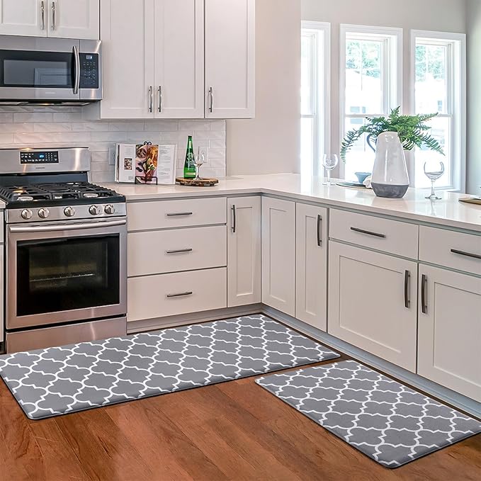 KMAT Kitchen Mat [2 PCS] Cushioned Anti-Fatigue Kitchen Rug, Waterproof Non-Slip Kitchen Mats and Rugs Heavy Duty PVC Ergonomic Comfort Foam Rug for Kitchen, Floor Home, Office, Sink, Laundry,Grey