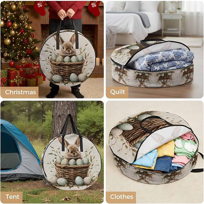Easter Rabbit Round Storage Bag 30 Inch, Vintage Basket Green Eggs Country Leaf Greenery Linen Clothes Storage Container with Handles Heavy Duty Organizer for Comforter, Bedding & Holiday Wreaths