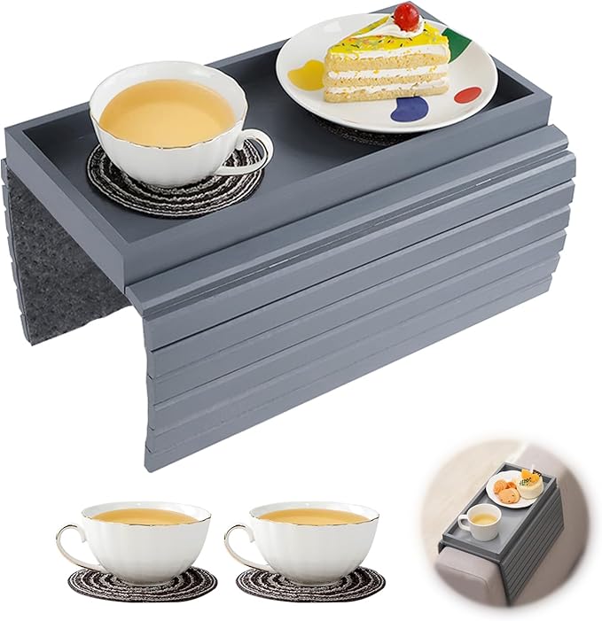 Bamboo Sofa Arm Tray with 2Pcs Cup Mats, Foldable Sofa Armrest Tray Side Table, Anti-Dropping Couch Armrest Table Cup Holder for Eats Drinks Snacks Remote Cellphone Cup Holder(Gray)
