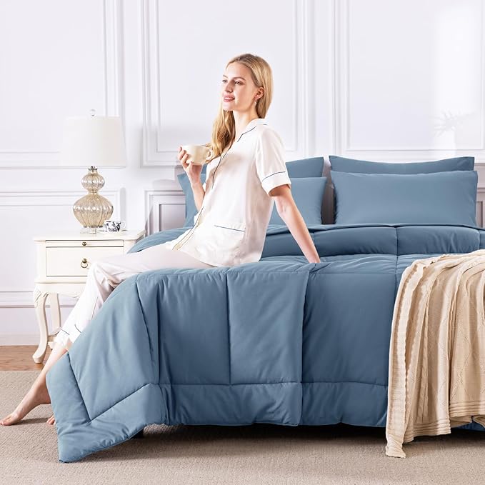CozyLux Full Size Comforter Sets Dusty Blue, 7 Pieces Bed in a Bag, Grayish Blue Comforter Full Size, All Season Bedding Sets with Stitch Quilted Comforter, Flat Sheet, Fitted Sheet, Pillowcases