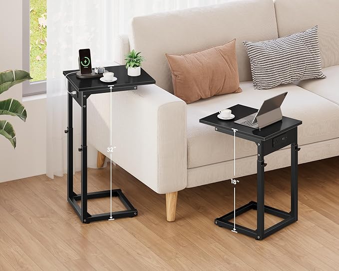 Vagusicc C Shaped End Table with Charging Station, 33"Tall C-Table End Table Adjustable Height Side Table for Couch, Couch Table That Slide Under Sofa Table TV Tray Table for Living Room,Bedroom,Black