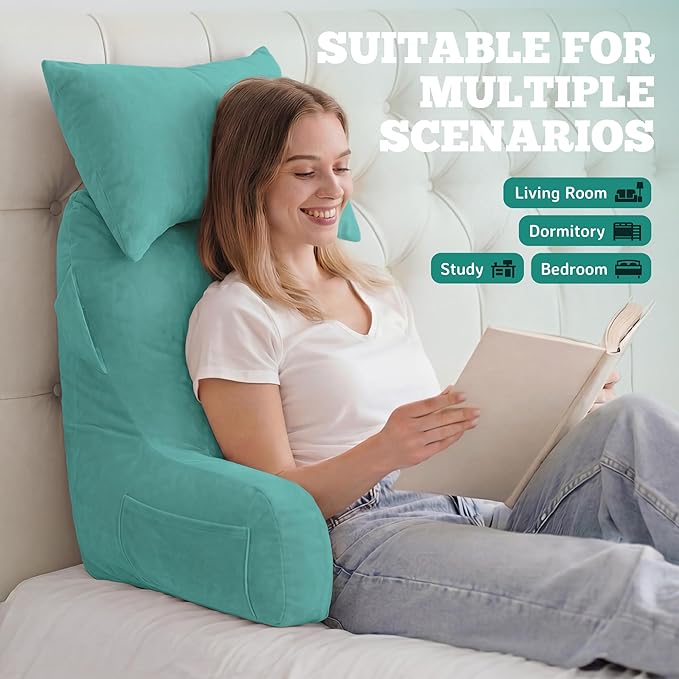 Unisakey Portable Reading Pillows with Headrest for Bed Sitting Up(Lake Blue Oeko-Tex), Velvet Back Pillow with Arms & Pockets for Adults, Support Memory Foam Bed Pillow for Dorm/Watching/Gaming