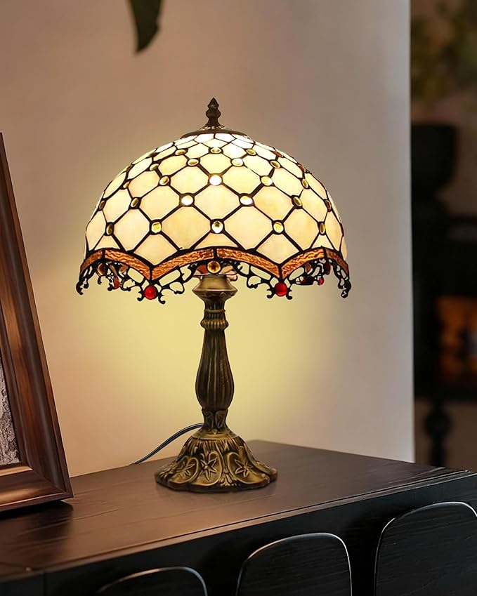 Tiffany Lamp Cream Amber Stained Glass Bead Table Lamp Desk Bedside Reading Light 12X12X18 Inches Deco Bedroom Living Room Home Office