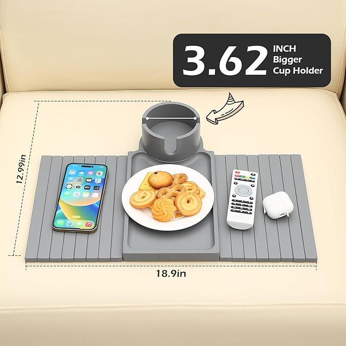 GHKINMAL Couch Cup Holder Tray, Large Couch Arm Table with 360° Ratated Phone Holder, 3 in 1 Bamboo Sofa Armrest Tray with Anti-Slip Couch Organizer for Remote,Cellphone,Snacks