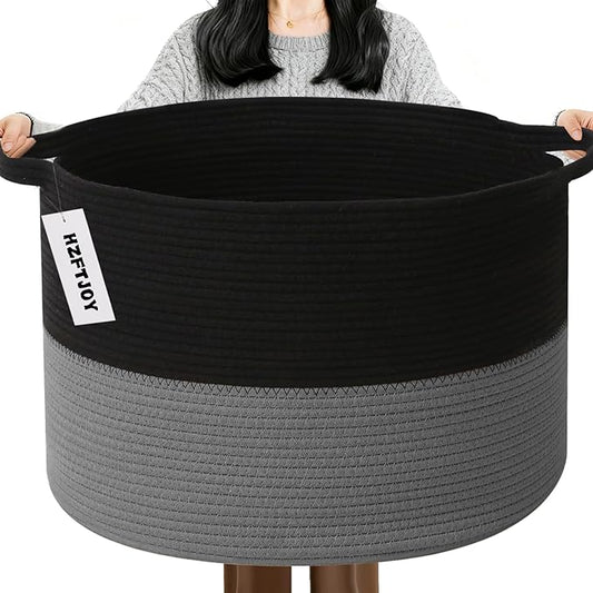 65L Large Woven Cotton Rope Blanket Basket with Handles, Laundry Hamper Storage Bin for Pillows, Comforters,Clothes, Toys, Nursery, Bedroom and Living Room Organization,Black&Dark Grey