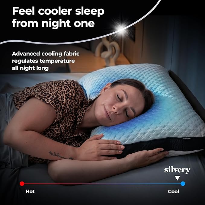 Silvery Silver Infused Restcool Bed Pillow - Adjustable Memory Foam Fill with Self-Cooling Fabric - Self-Cleaning Technology that Stays Fresh 3X Longer (White, King)