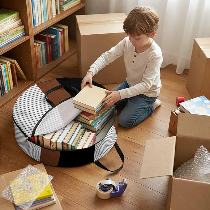 Storage Bag Brown Black Lines Round Storage Totes Bins Closet Organizers with Zippers & Handle Boho Style Clothes Storage Container for Bedroom Dorm Space Saving Packing Supplies Moving Bags