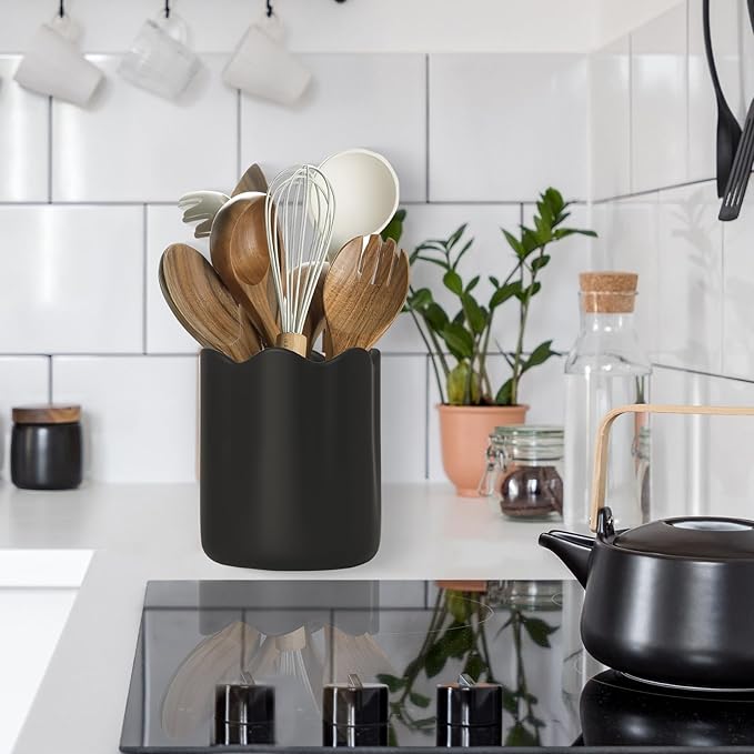 Ceramic Utensil Holder for Kitchen Counter, 6.2" Kitchen Utensil Holder with Cork Bottom for Countertop, Modern Scalloped Cooking Tool Organizer for Spatula, Matte Black