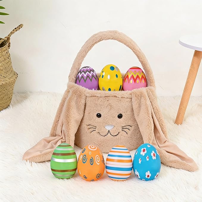 Plush Bunny Easter Egg Handbag Set, 2026 New Easter Storage Basket, 12 Openable Easter Eggs(Pink)