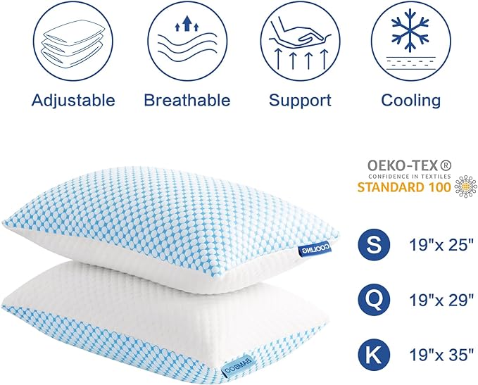 EASELAND Firm Pillows Shredded Memory Foam with Adjustable Fill - Queen Size Set of 2, Removable Cooling Cover for Hot Sleepers, Cool Bed Pillow for Side Back Stomach Sleepers