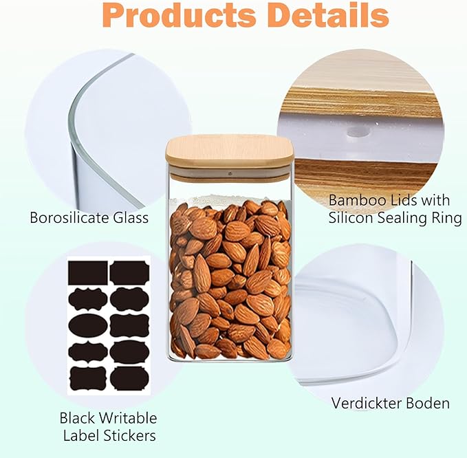 VIEWELLD 1.2 Qt Square Glass Storage Containers with Lids, glass jar with airtight lid, Glass Canister for Pantry Cookie Cereal Rice Sugar Tea Coffee Beans Spice, Square Set of 4