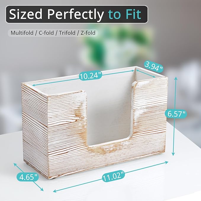 Paper Towel Dispenser Countertop, White Washed Wood Bathroom Paper Towel Holder, Napkin Holder for Kitchen, Countertop Multifold C-Fold, Z-Fold, Trifold Paper Hand Towel Dispenser for Toilet