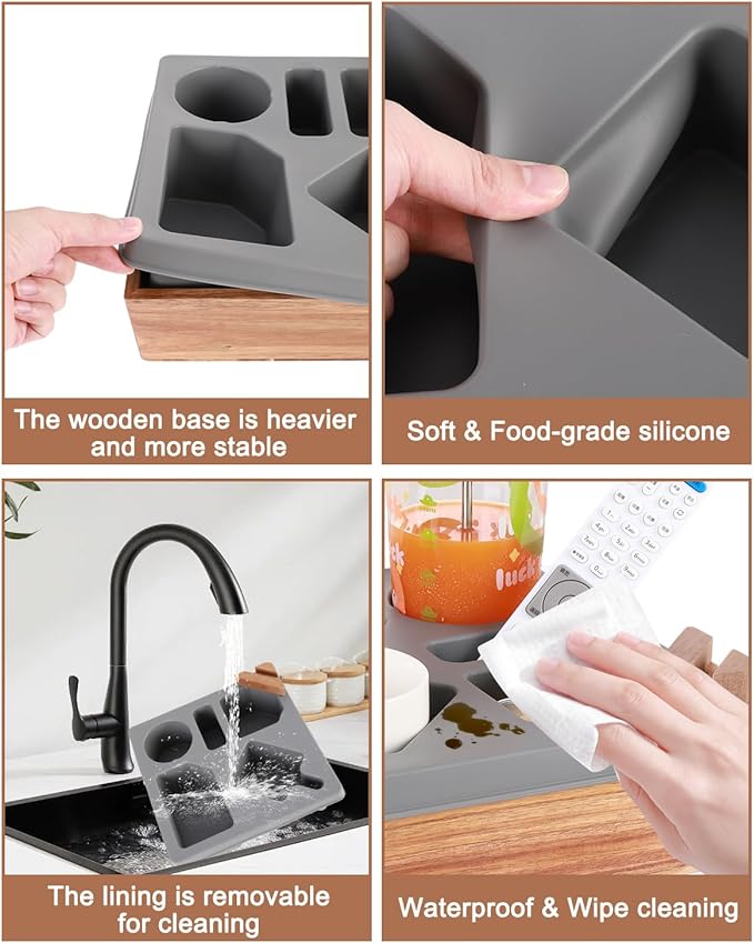 Couch Cup Holder Tray, Silicone Wooden Couch Caddy with Cup Holder for Snacks, Drinks, Remotes, Waterproof Cup Holder for Couch, Organizer, Couch Drink Holder, Sofa Cup Holder, Easter Gifts (Gray)