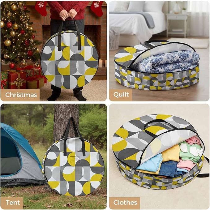 Storage Bag Mid Century Geometric Round Storage Totes Bins Closet Organizers with Zippers & Handle Abstract Modern Yellow Gray Clothes Storage Container for Bedroom Dorm Space Saving Packing Supplies
