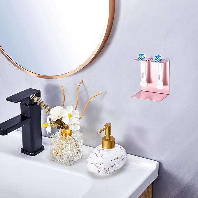 Electric Toothbrush Head Holder, Tooth Brushing Holder, Wall Mounted Toothbrush Holders Shower Bathroom, Self Adhesive or Desktop Tooth Brush Holder Organiser (Rose Gold, Small)