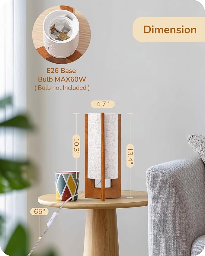 EDISHINE Wood Table Lamps, 13.5" Small Bedside Lamp, Beige Linen Shade, Rose Wood Cylinder Modern Nightstand Lamp for Bedroom Living Room, On-Off Line Switch, E26 Base (Bulb Not Included), 2Pack