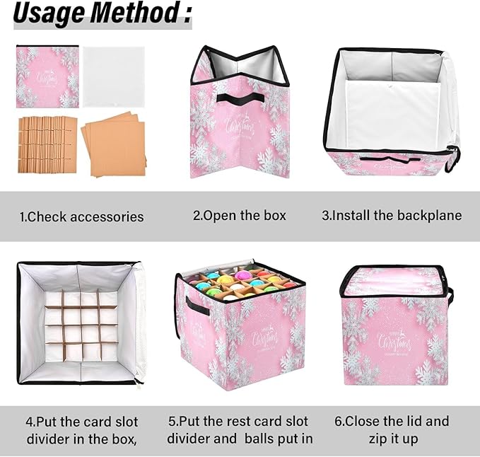 Pink Christmas Snowflake Christmas Ornament Storage Box, 4 Tier Holds Up to 64 Holiday Ornaments Decoration Balls, Holiday Decorations Accessories Xmas Decorations Storage Container with Dividers