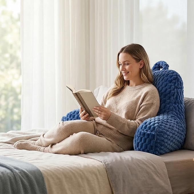 Faux Fur Reading Pillow for Bed Adults, Ultra Soft Plush Floor Backrest Pillow with Side Pockets for Bed & Couch, Perfect for Reading, Watching TV, Gaming, Relaxing, Blue