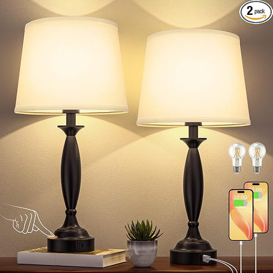 Seealle White Lamps for Bedrooms Set of 2 - Touch Control Bedside Lamp with USB C+A, 3 Way Dimmable Nightstand Lamps with USB Port, Table Lamp for Living Room(White Shade and Black Base)