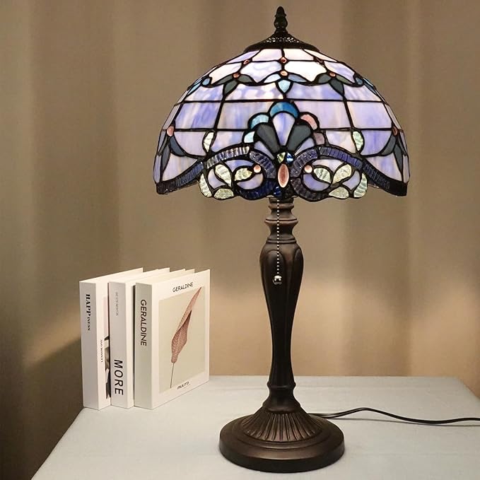 TL0015 Tiffany Table Lamp, Blue Baroque Stained Glass Shade, W12×OH21.5in, LED Bulb Included, for Bedroom Living Room (Blue Baroque)