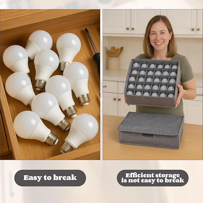 2 Pcs Light Bulb Organizer Storage Box Ornament Storage with 30 Dividers Foldable Bulbs Organizer with Lid Sturdy PP Board Fits Various Standard Dustproof Fabric Case for Home Vbs (Grey)