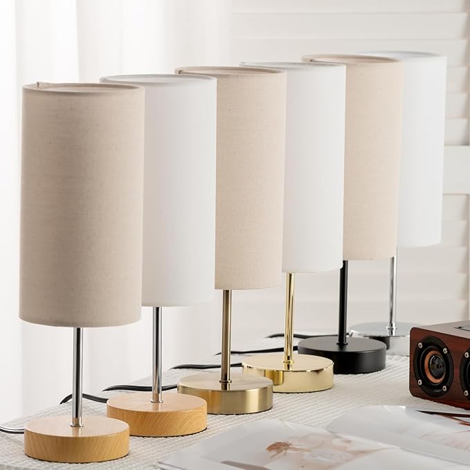 Small Table Lamp for Bedroom Nightstand, Round White Fabric Shade and Silver Metal Base, Modern Minimalist Bedside Lamps for Dresser, End Table, Office, College Dorm, Warm Light, 5W LED Bulb Included